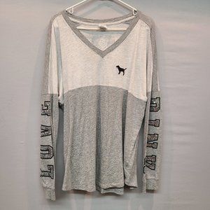 PINK Victorias Secret Shirt Gray Long Sleeve Sequins V Neck VS Womens Large